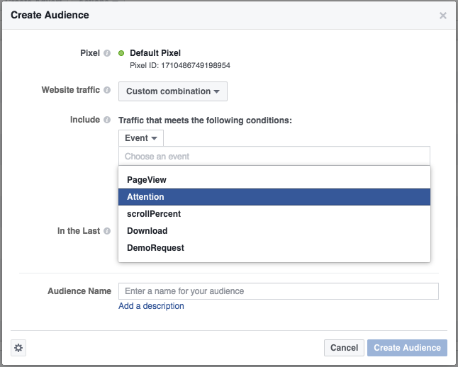 Screen shot creating a custom audience on Facebook using attention minutes through Nudge