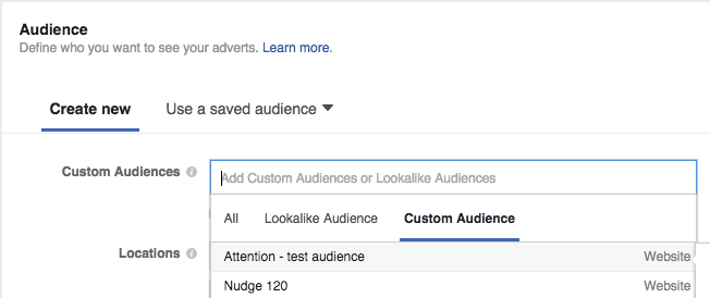 Choosing a custom audience for your creative on Facebook, using attention minutes